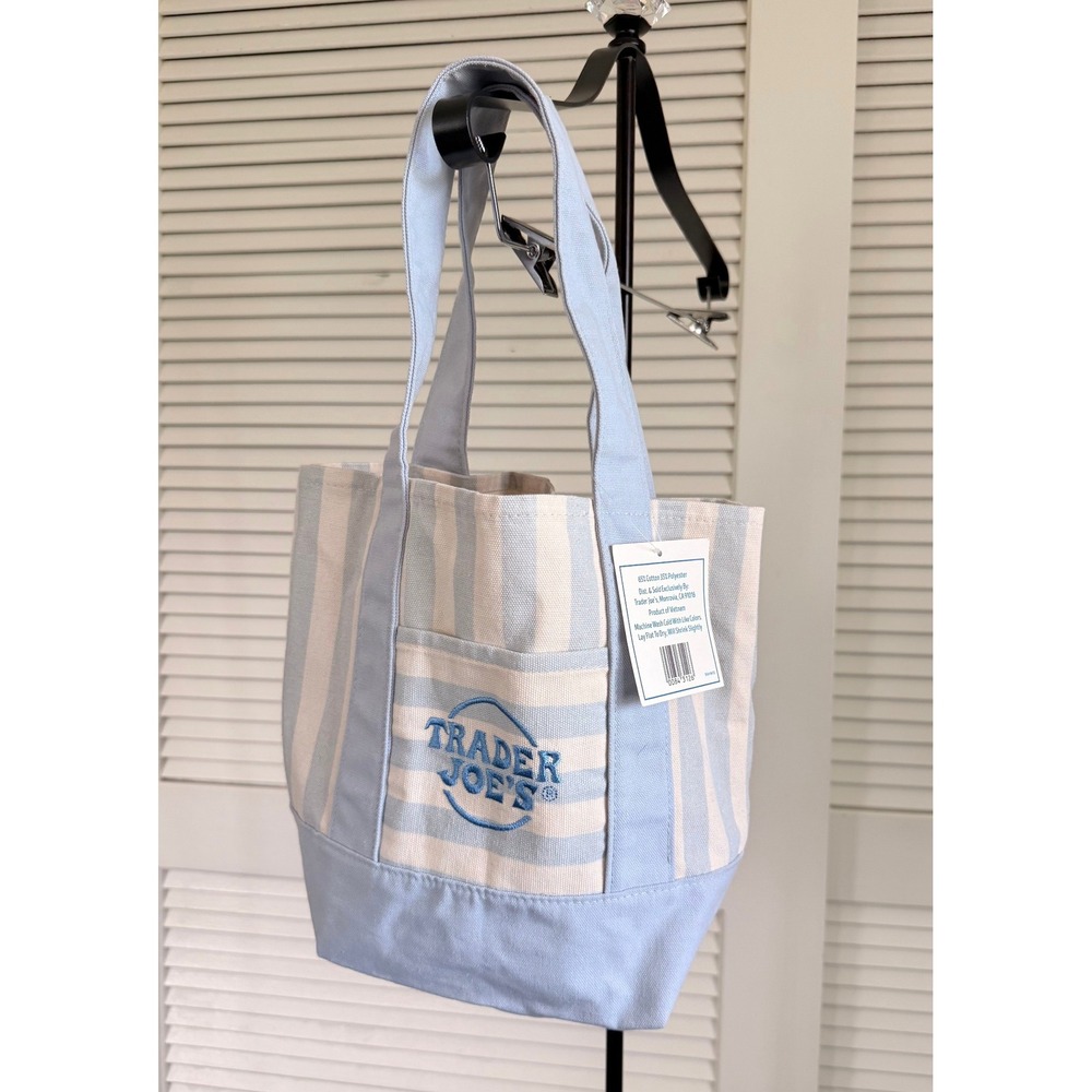 Trader Joe's Mini Canvas Tote Bag Light Blue Striped Limited Edition NWT